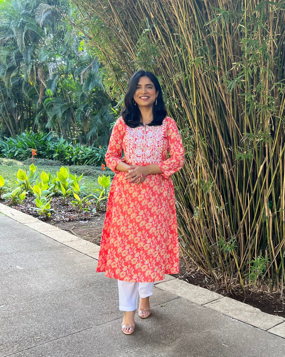 Coral Floral Print A-line Kurta with Lucknowi Chikankari Embroidery