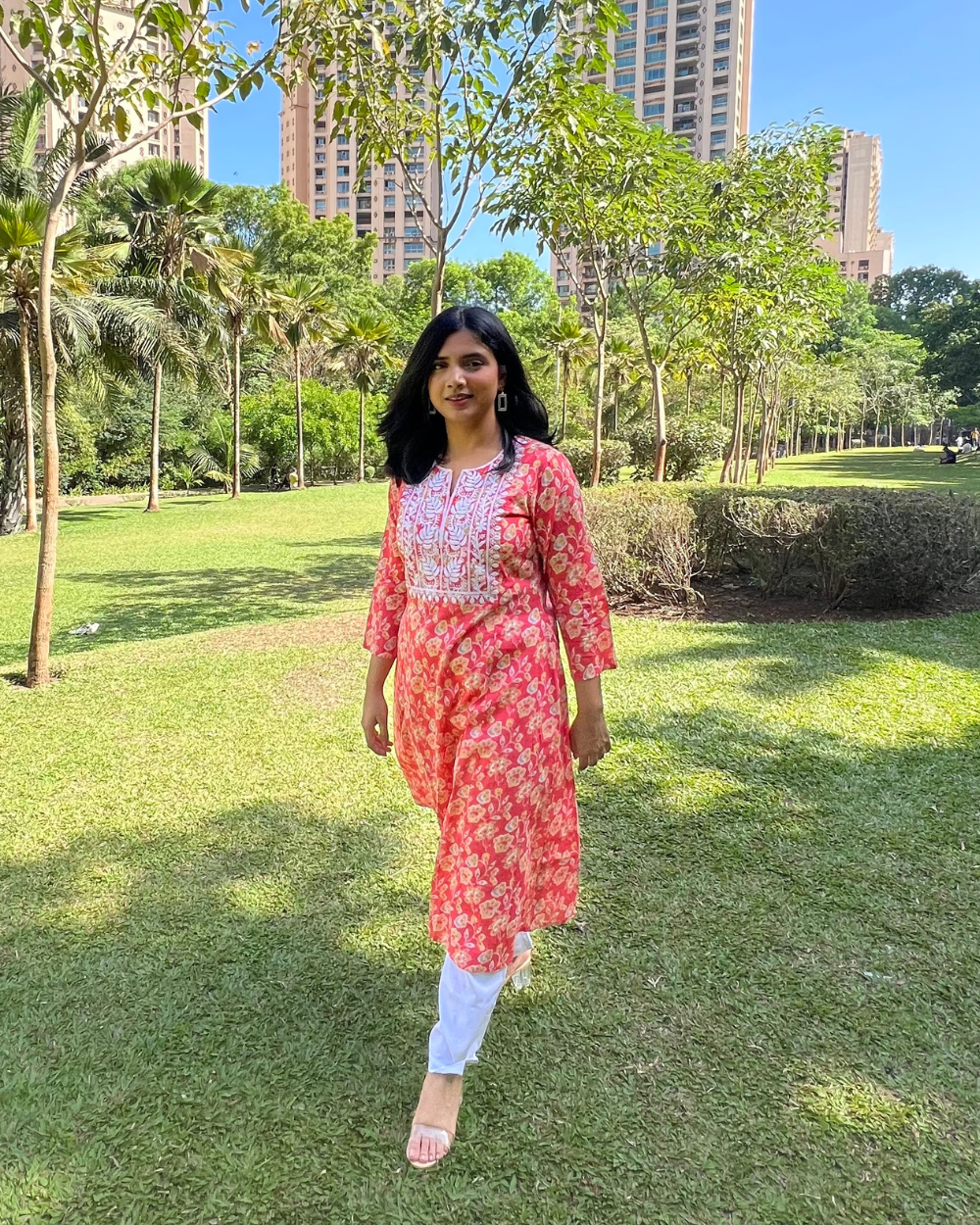 Coral Floral Print A-line Kurta with Lucknowi Chikankari Embroidery