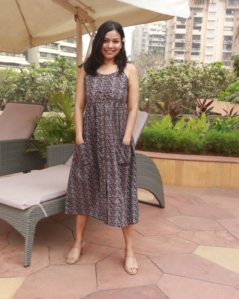 Black Kalamkari Printed A-line Strappy Dress with Front Pockets