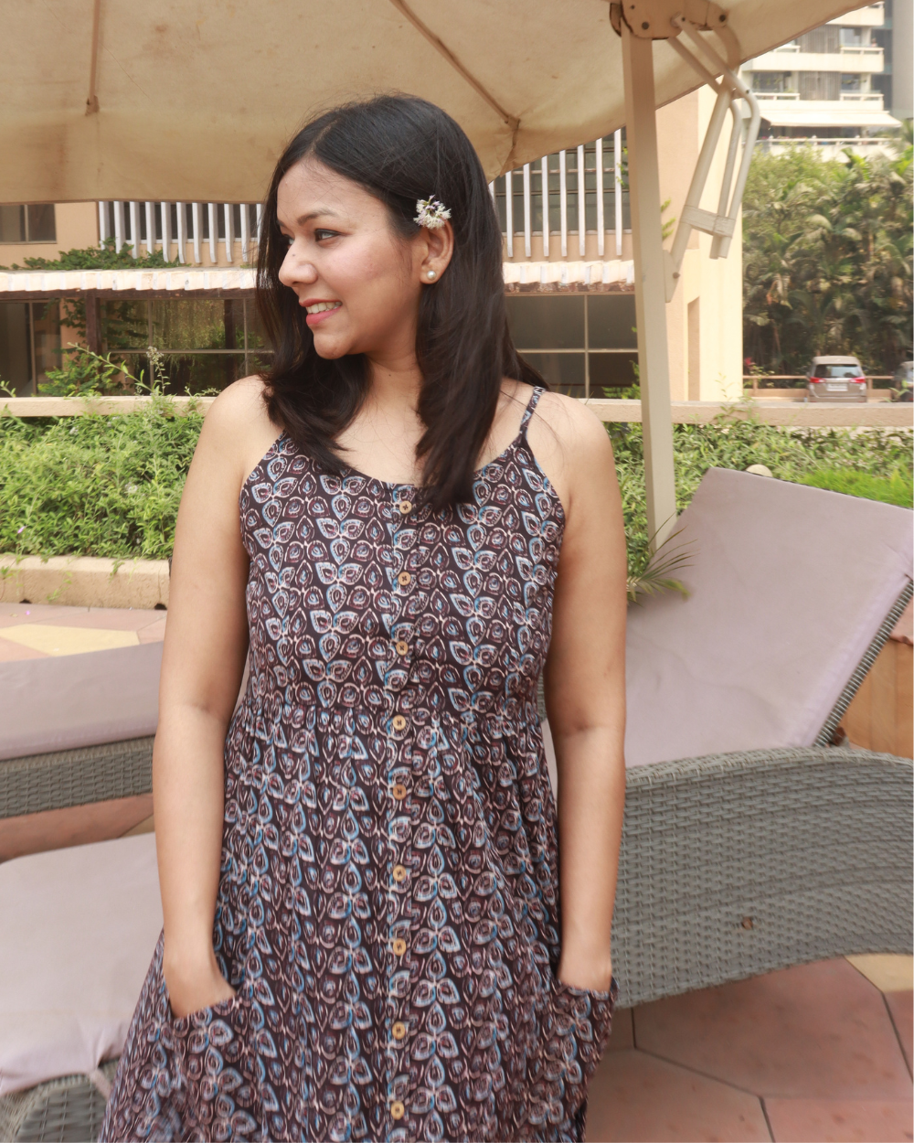 Black Kalamkari Printed A-line Strappy Dress with Front Pockets