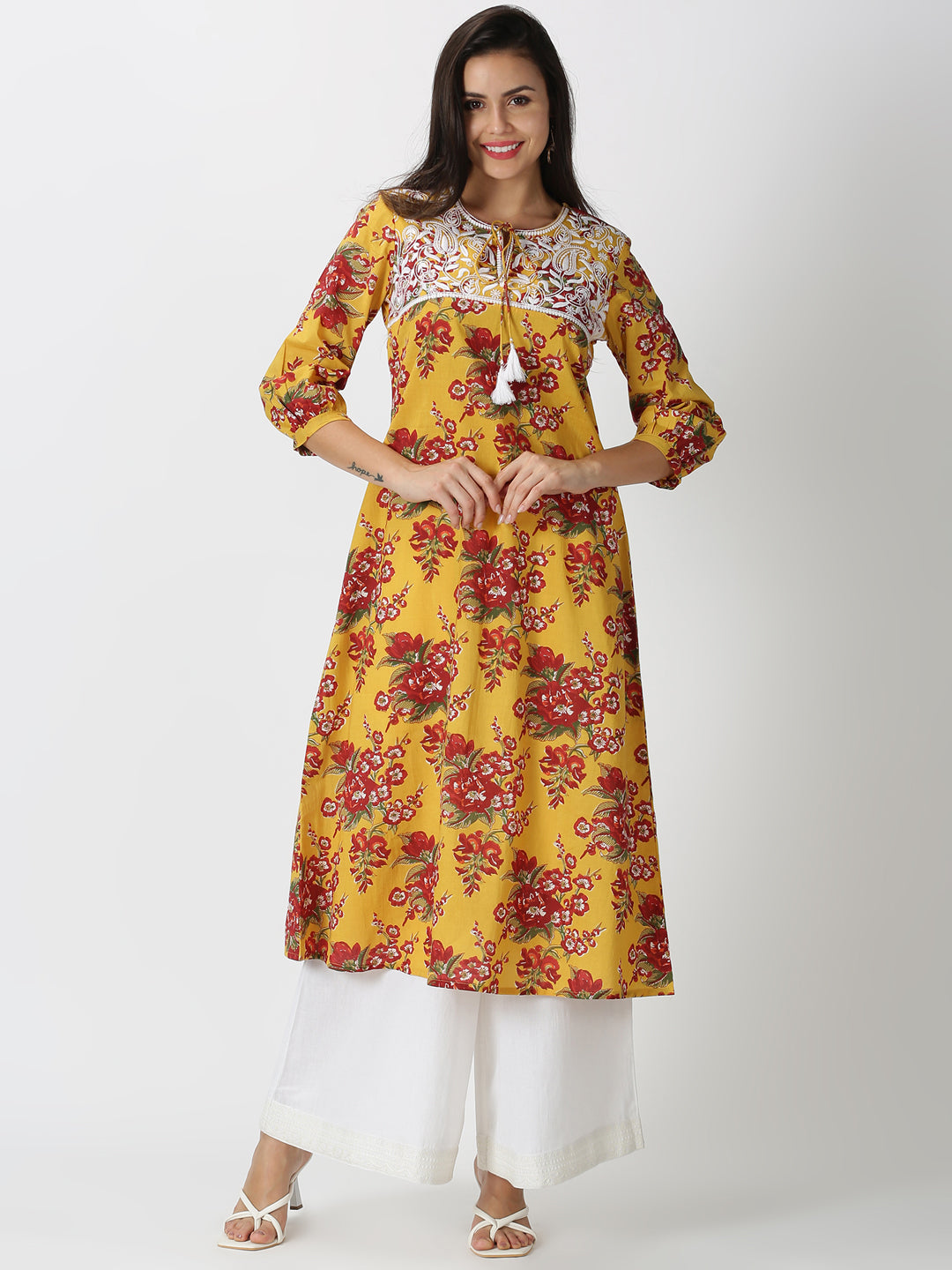 Yellow Floral Printed A-line Kurta with Chikankari Embroidered Yoke