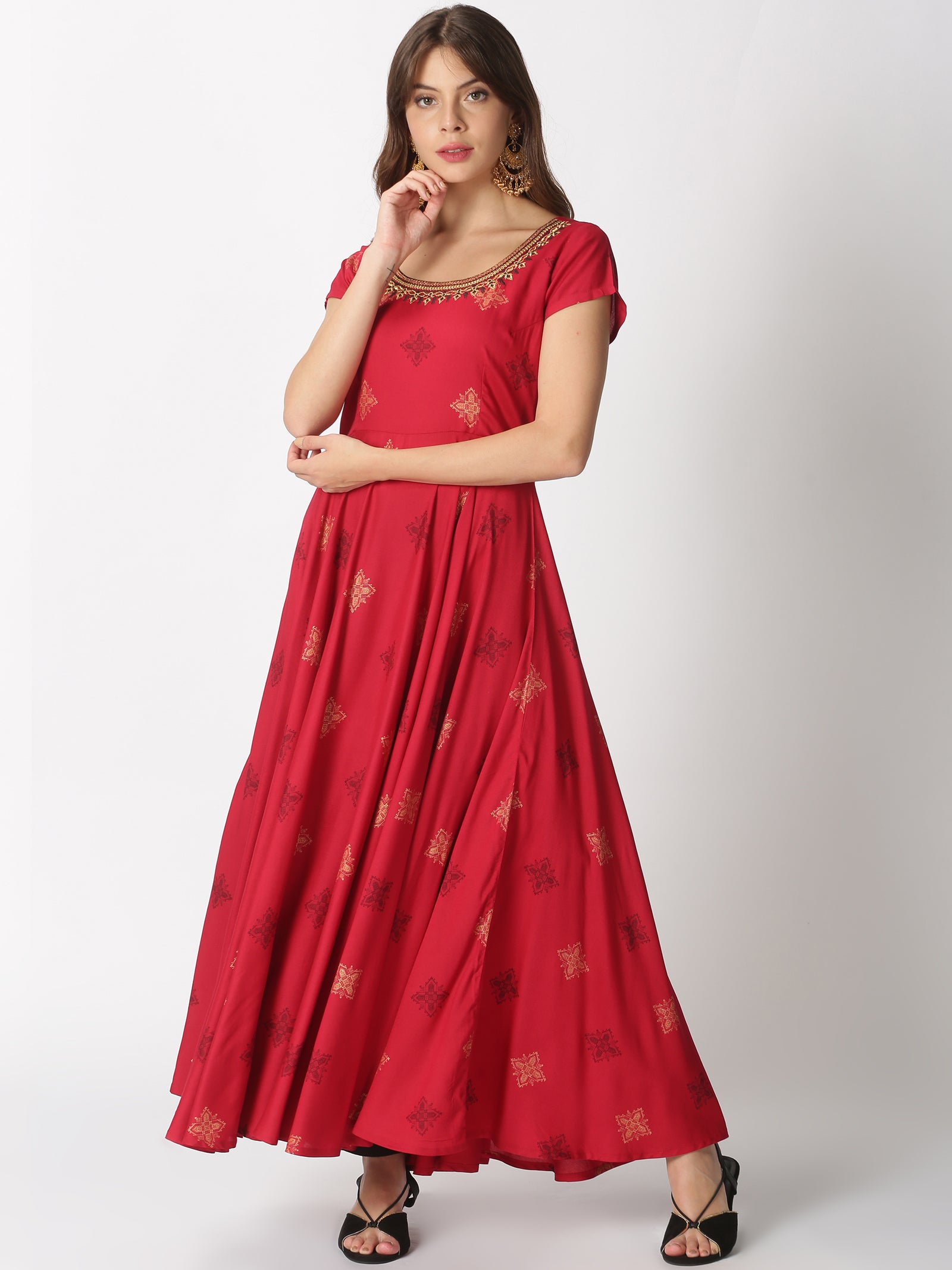 Red Ethnic Motifs Printed Anarkali Kurta with Embroidered Neck