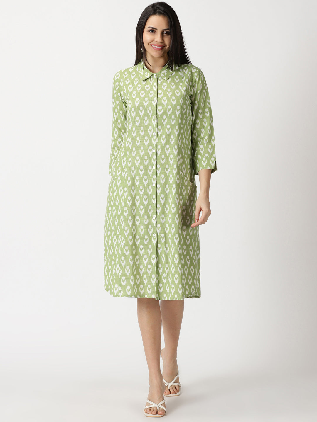 Pastel Green Ikat Print Cotton Shirt Dress
