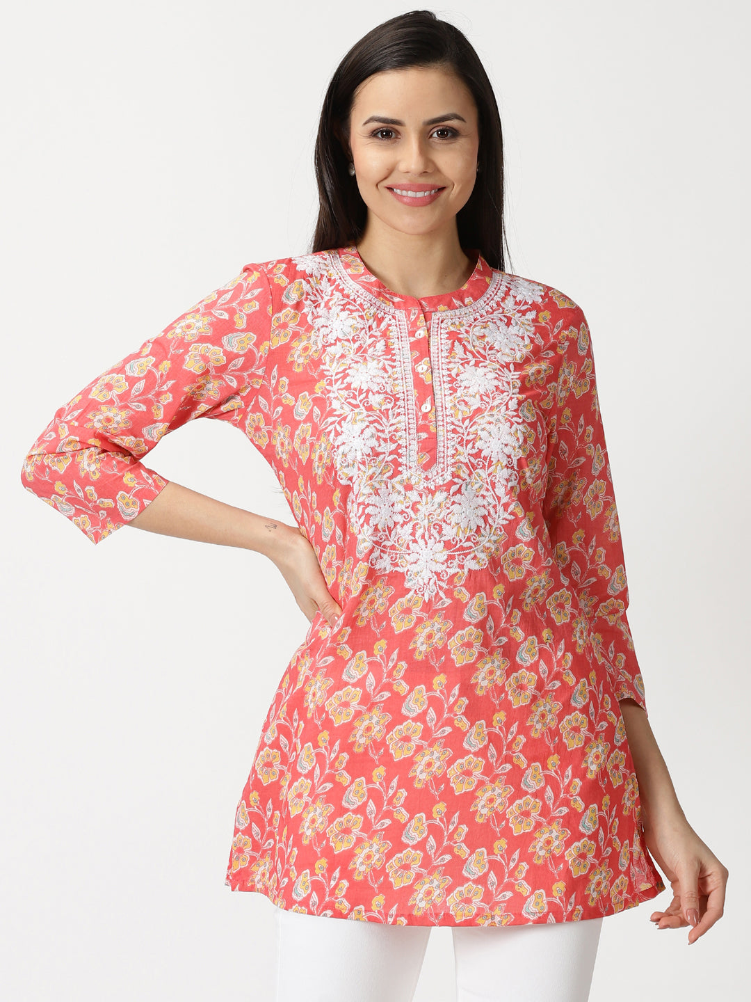 Coral Floral Print Tunic with Lucknowi Chikankari Embroidery