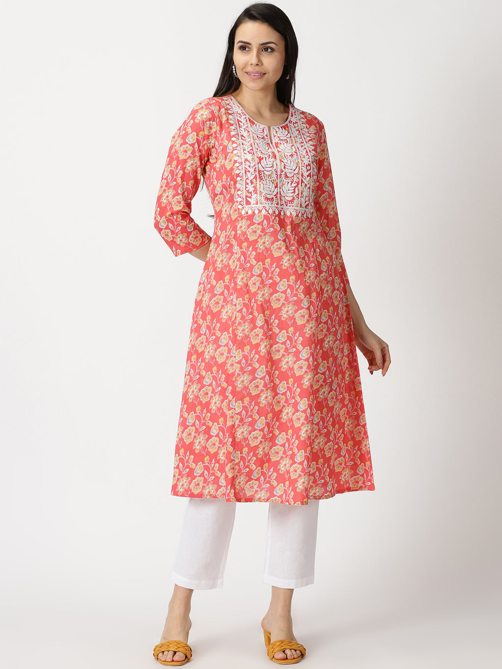 Coral Floral Print A-line Kurta with Lucknowi Chikankari Embroidery