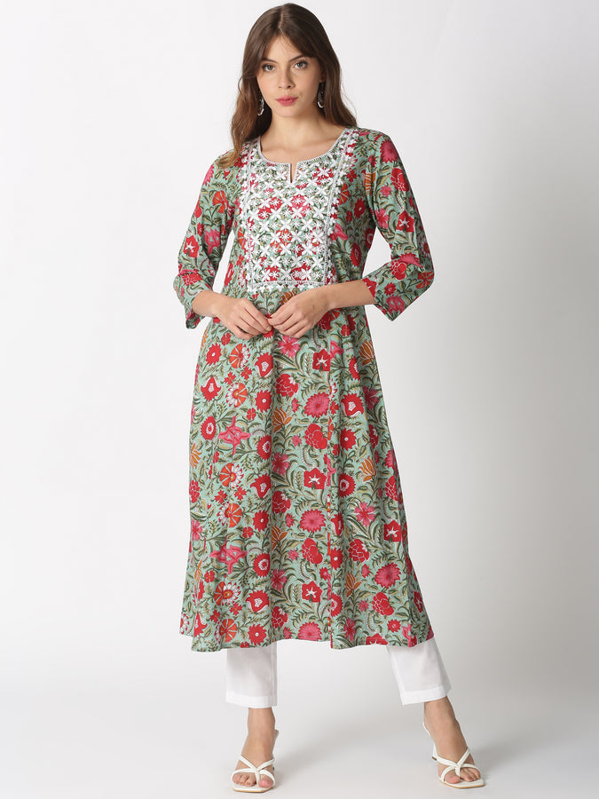 Turquoise Blue Cotton Floral Printed A-line Kurta with Lucknowi Chikan ...