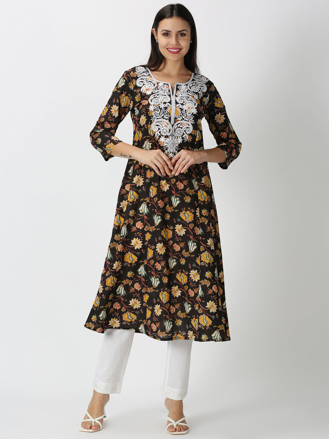 Black Floral Printed A-line Kurta with Lucknowi Chikankari Embroidered Neck