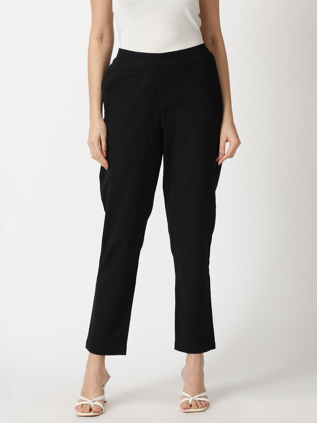 Black Cotton Flax Straight Fit Slip-on Trouser