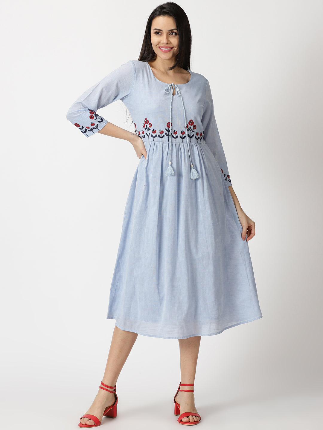 Pastel Blue Empire Midi Dress with Embroidered Details