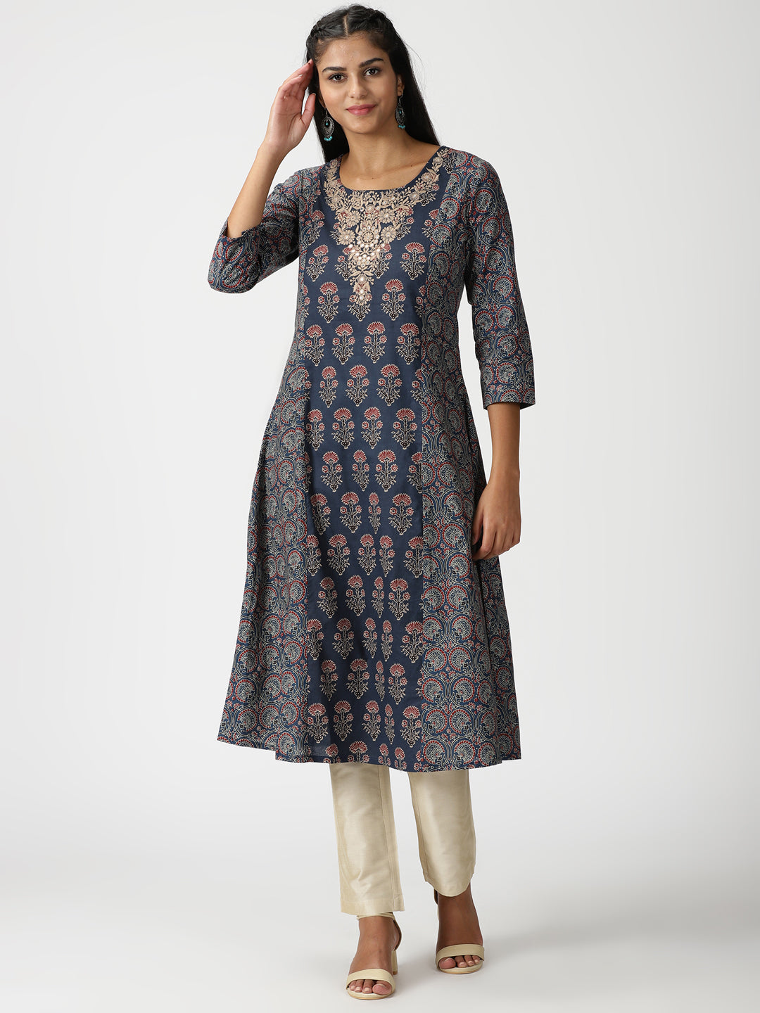 Navy Blue Ethnic Motifs Printed Panelled Kurta with Neck Embroidery
