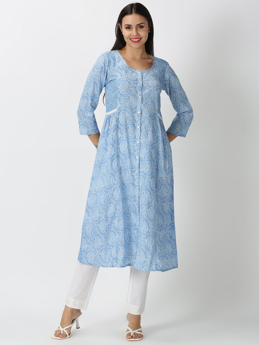 Blue Paisley Printed Panelled Button-Down Kurta with Lace Inserts
