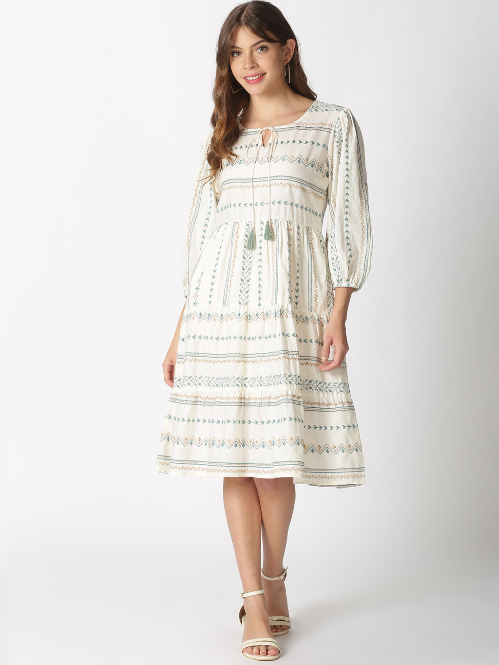 Off White-Blue Cotton Flax Bohemian Embroidered Tiered Dress with Neck Tie-up