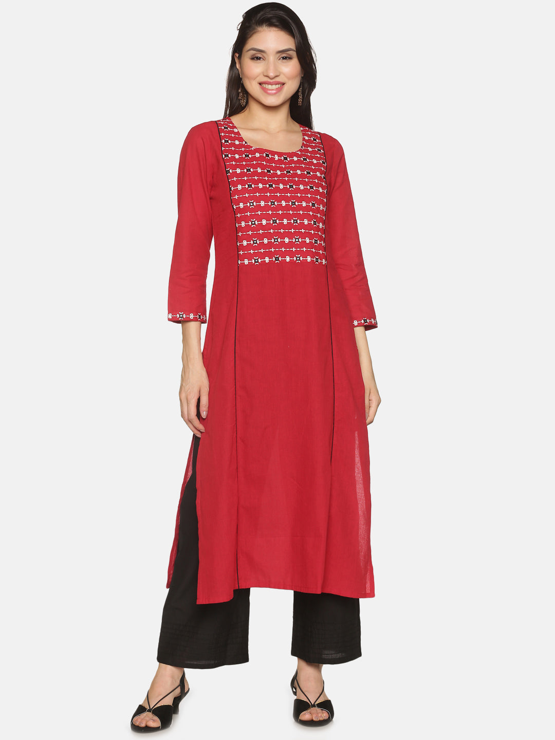 Red Cotton Panelled Kurta with Embroidered Yoke