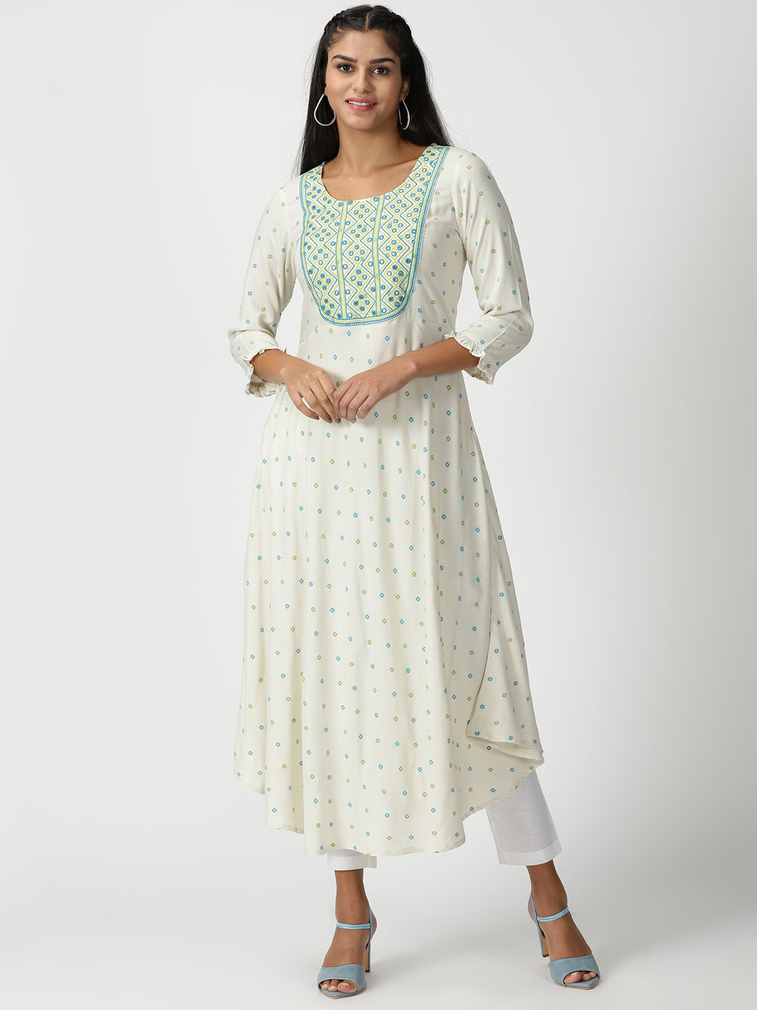 Off White Printed A-line Kurta with Embroidered Neck