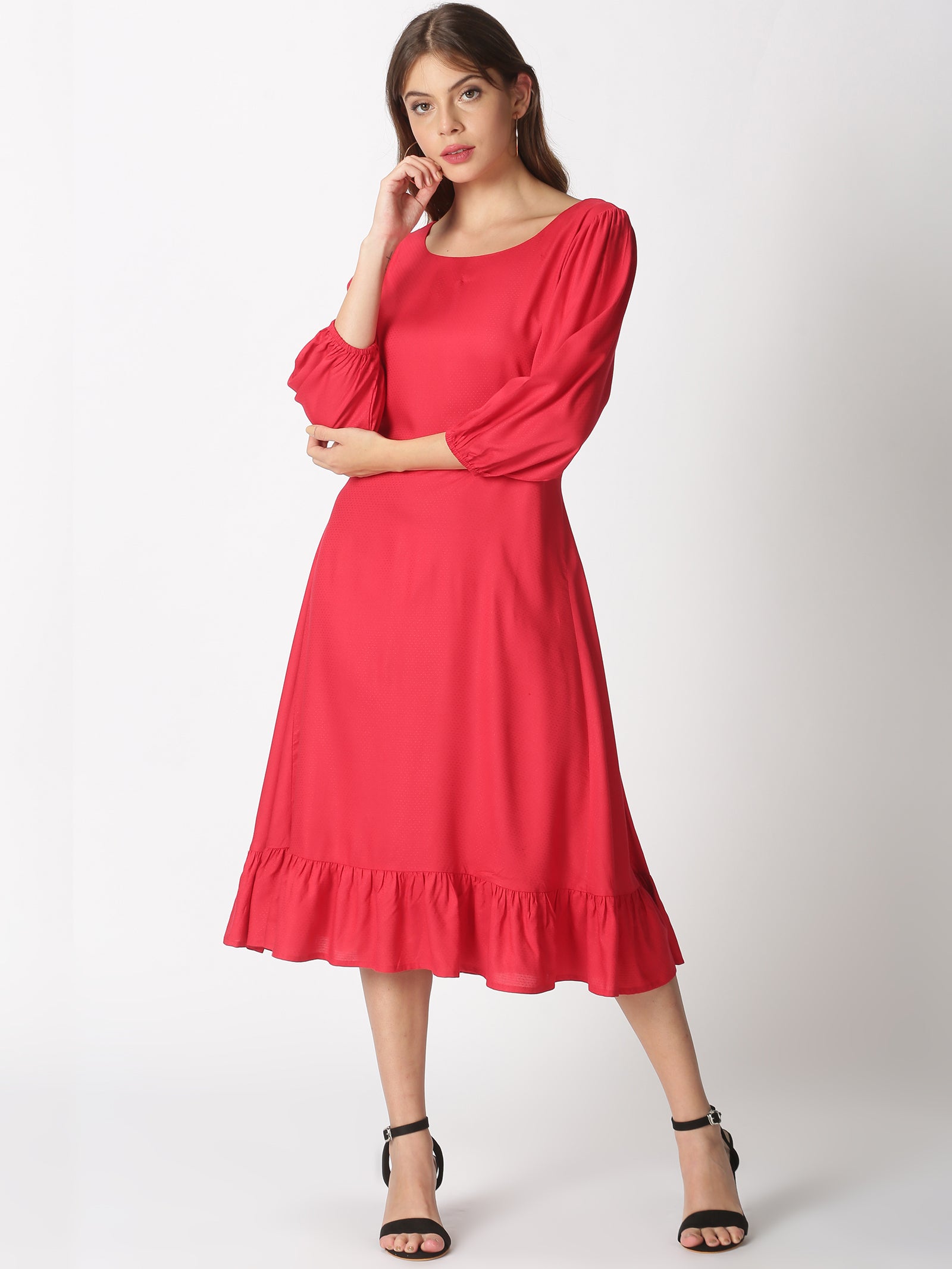 Red Dobby Boho A-line Midi Dress with Puff Sleeves & Flounce Hem