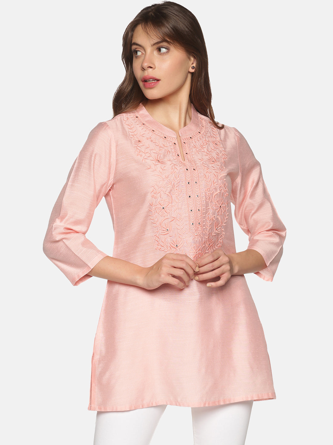 Pink Art Raw Silk Tunic with Floral Embroidered Neck & Mirror Accents