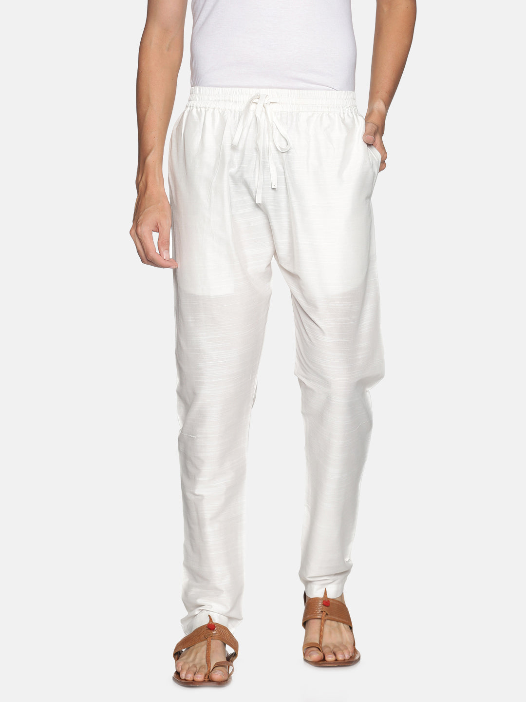 White Art Silk Slub Elasticated Trouser with Drawstring