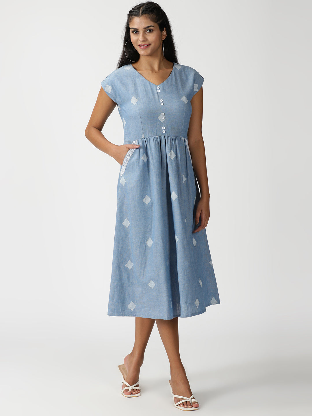 Blue Geometric Woven Design Midi Dress with Embroidered Pockets