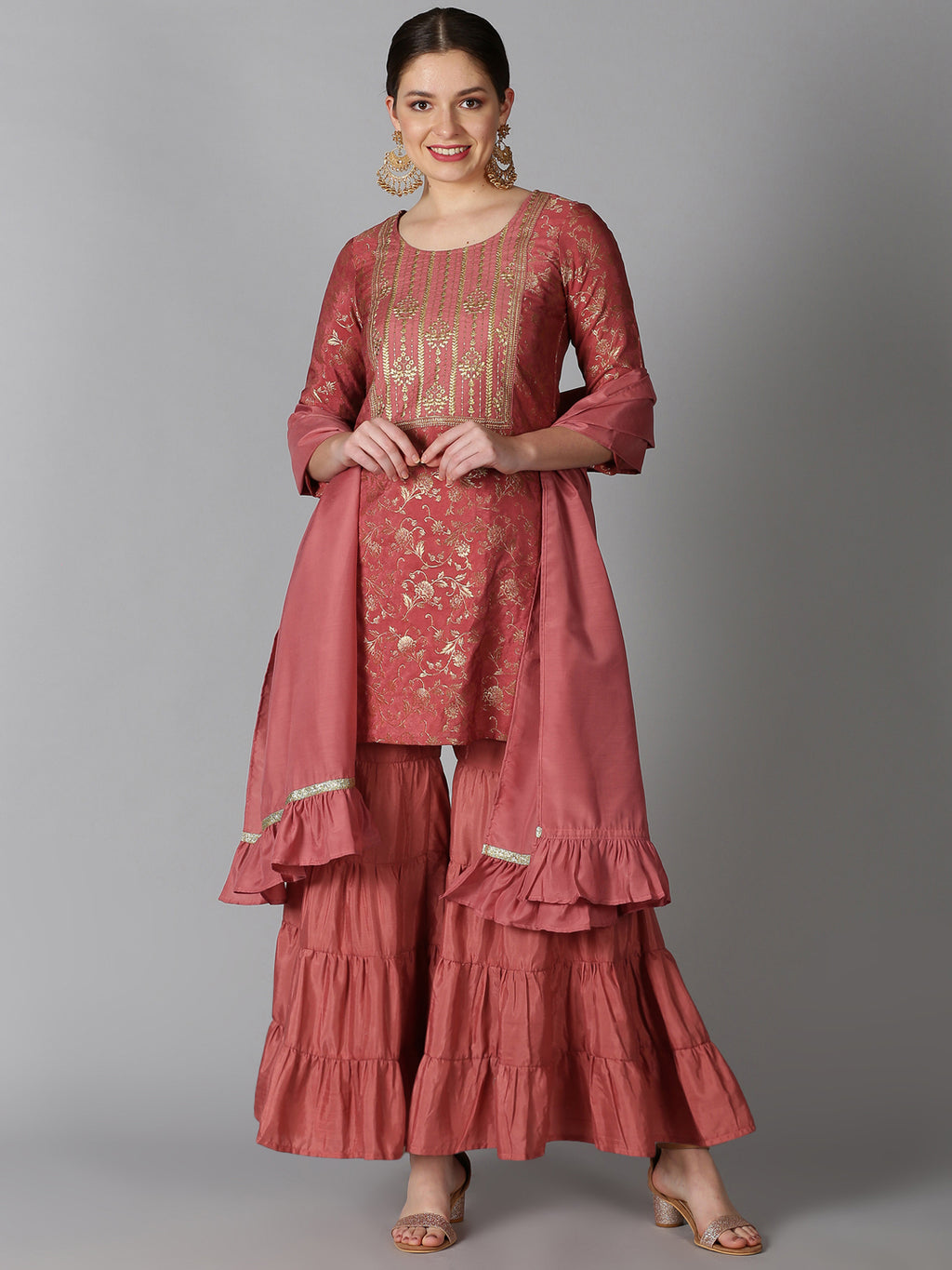 Coral Banarasi Jacquard Kurta with Sharara & Dupatta