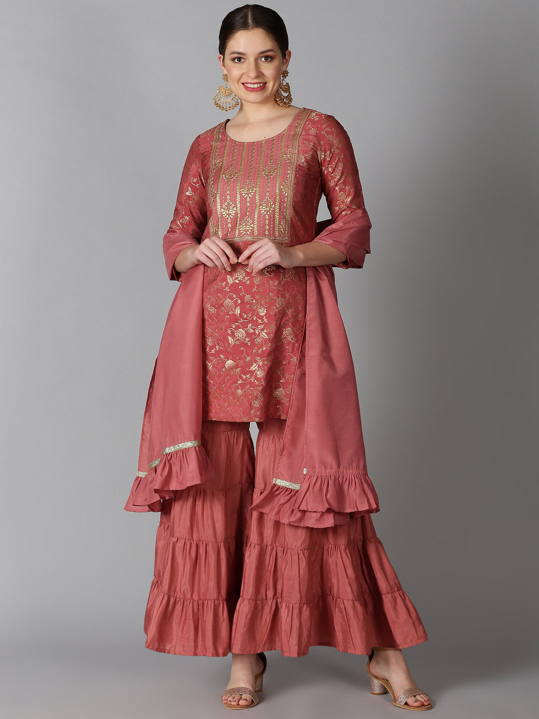 Coral Banarasi Jacquard Kurta with Sharara & Dupatta