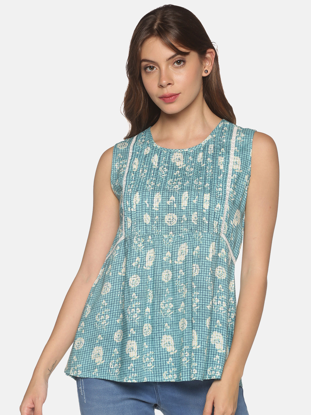 Blue Floral Printed Top with Pleats & Lace Inserts on Front Yoke