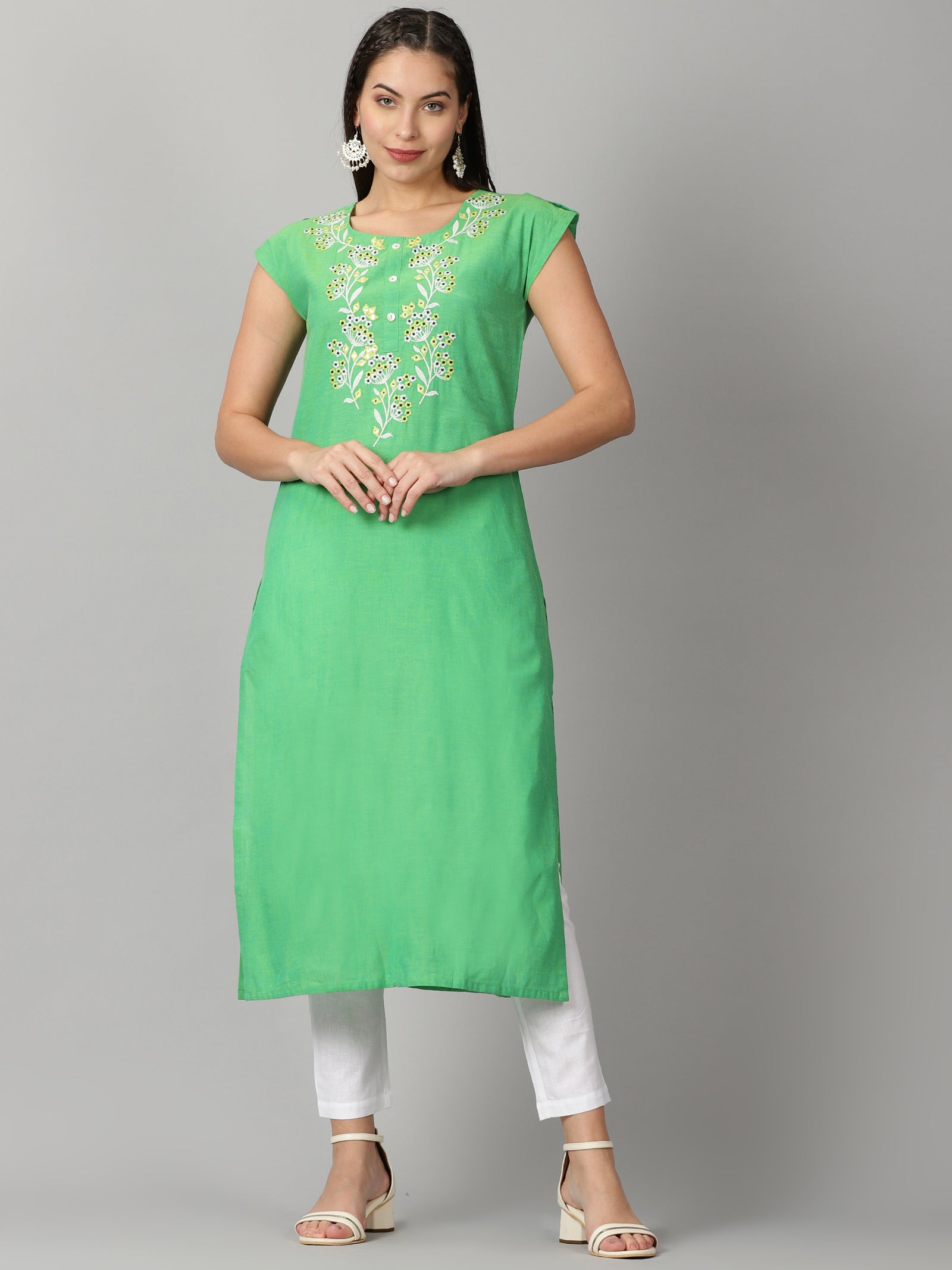 Green Cotton Embroidered Neck Kurta