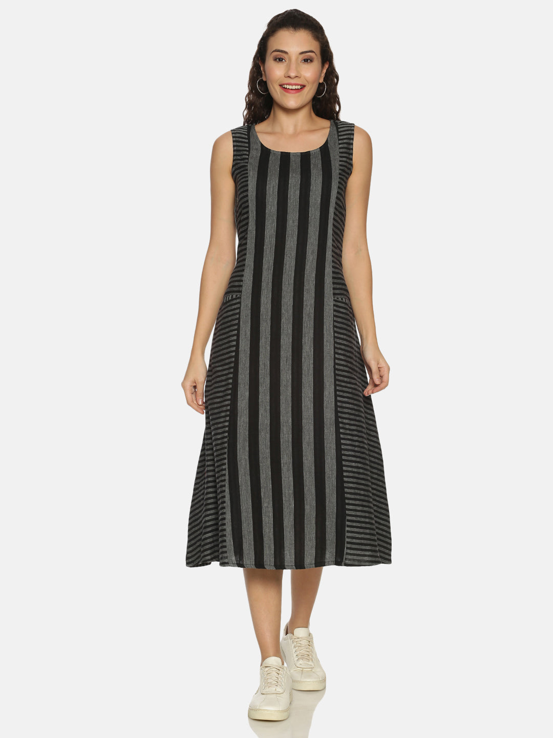 Black Striped Cotton A-line Dress