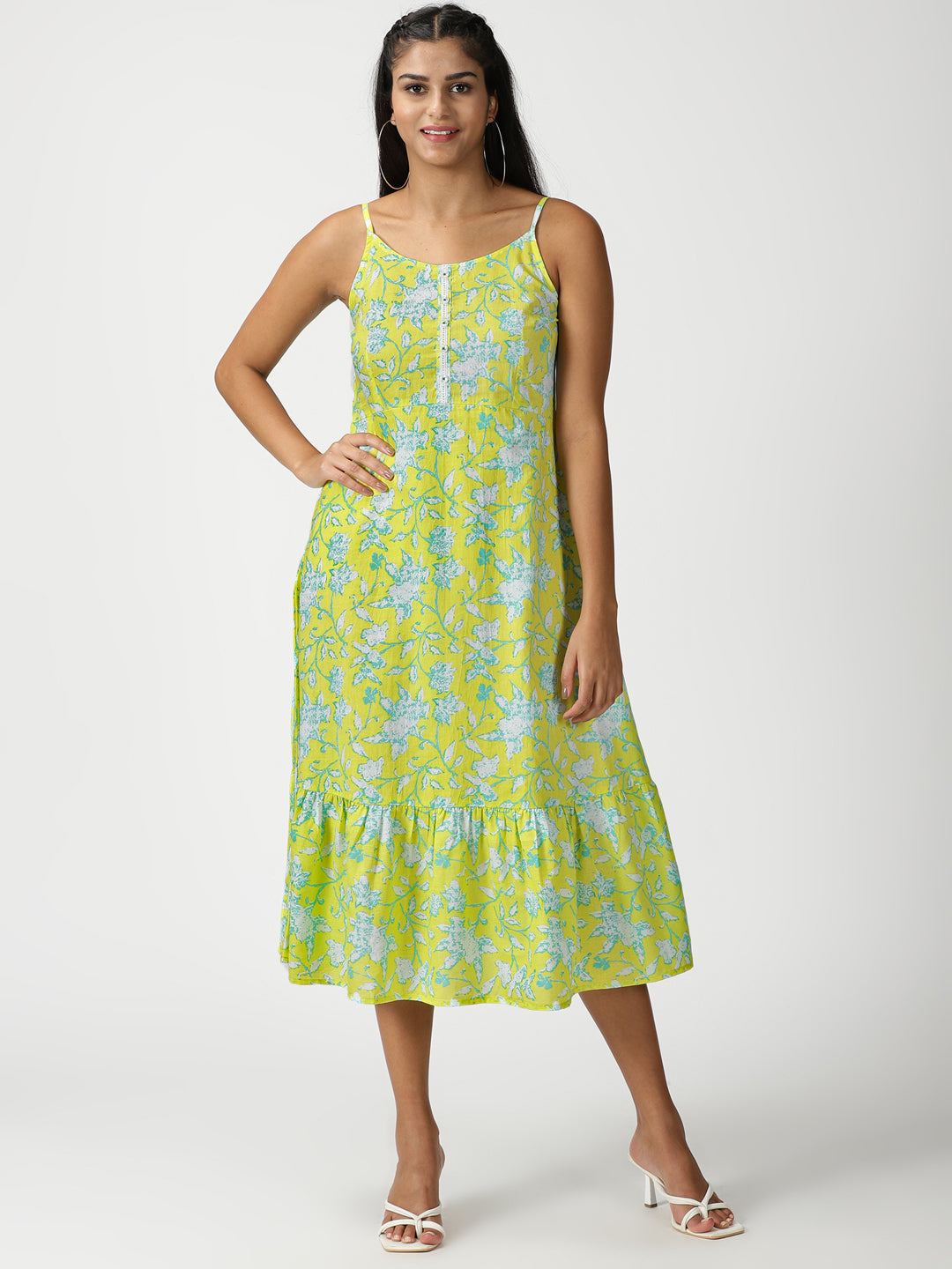 Lime Floral Print Cotton Midi Dress with Flounce Hem