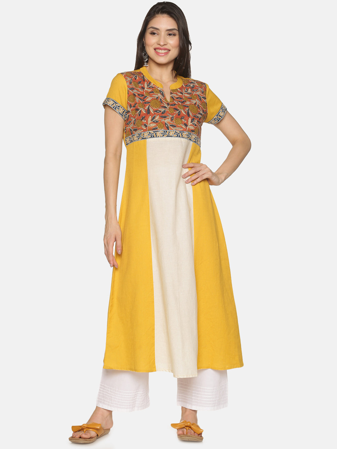 Mustard Cotton Flax Panelled Kurta with Printed Yoke & Embroidered Border