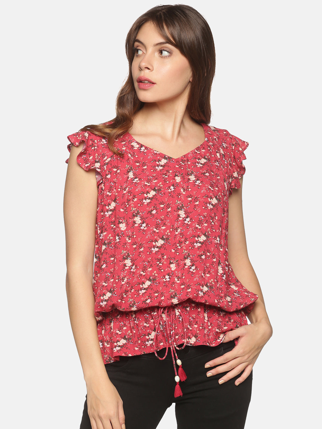 Red Cotton Floral Printed Peplum Top with Frill Sleeves & Waist Tie-up