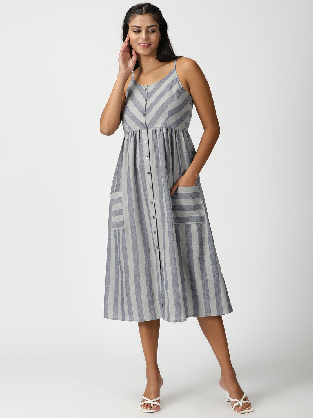 Grey Striped Cotton Button-Down Strappy Midi Dress