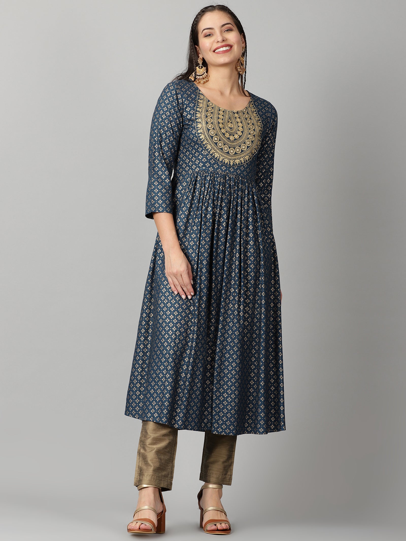 SCAKHI Green Cotton Embroidered Empire-Line Dress