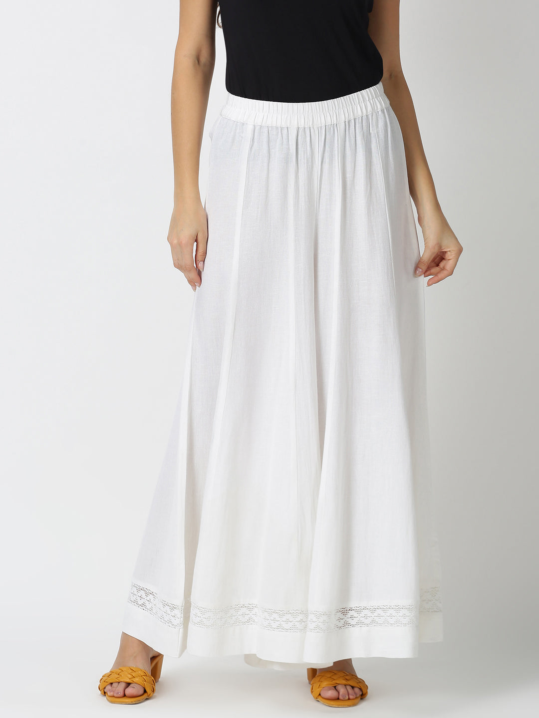 White Solid Flared Palazzo with Lace Inserts on Hem - Saffron Threads