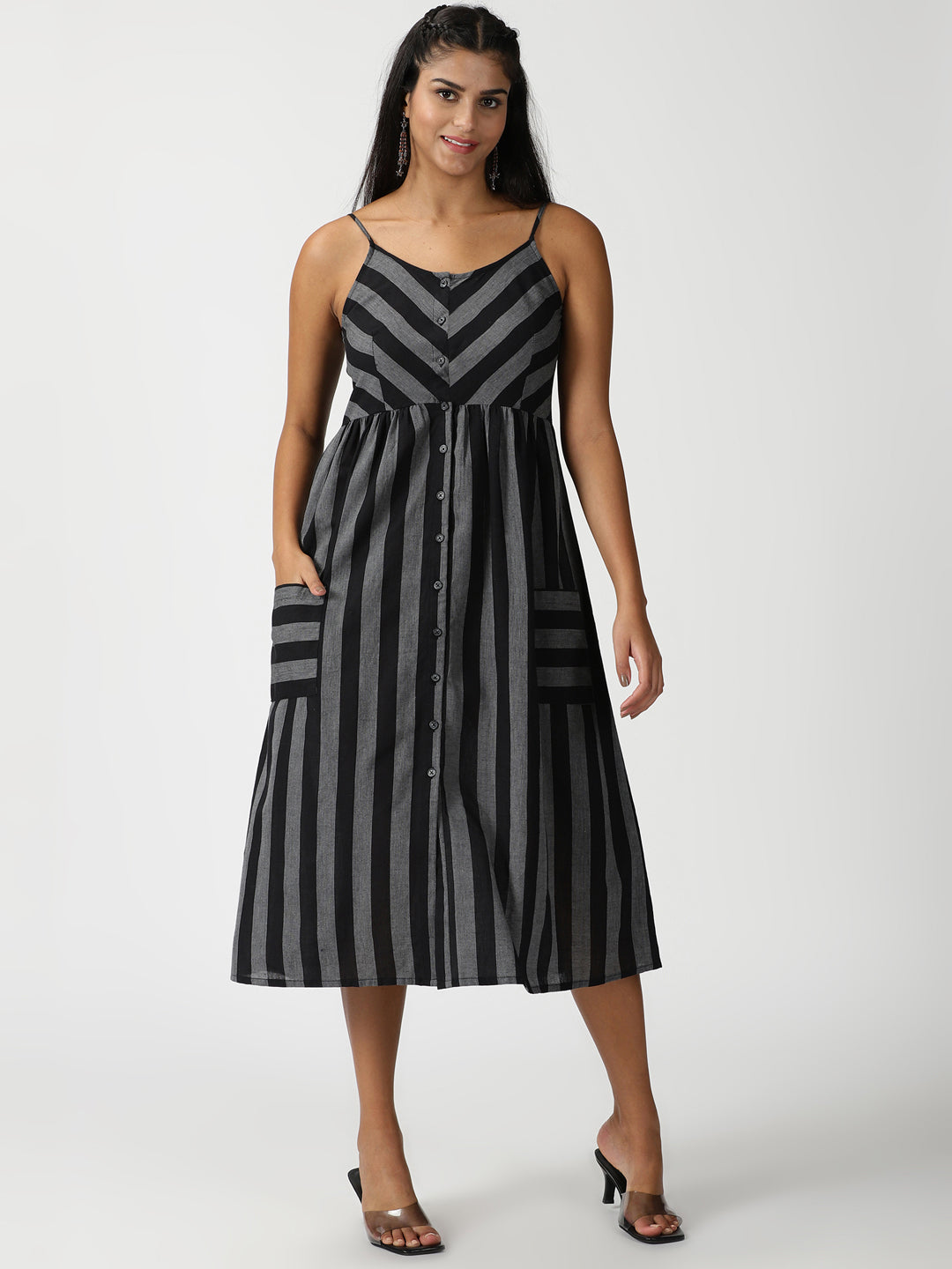 Black Striped Cotton Button-Down Strappy Midi Dress
