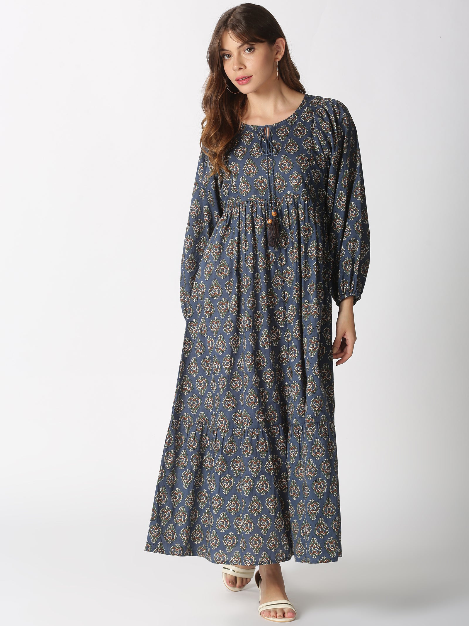 Blue Ethnic Motifs Printed Tiered A-line Maxi Dress with Tie-up Neck