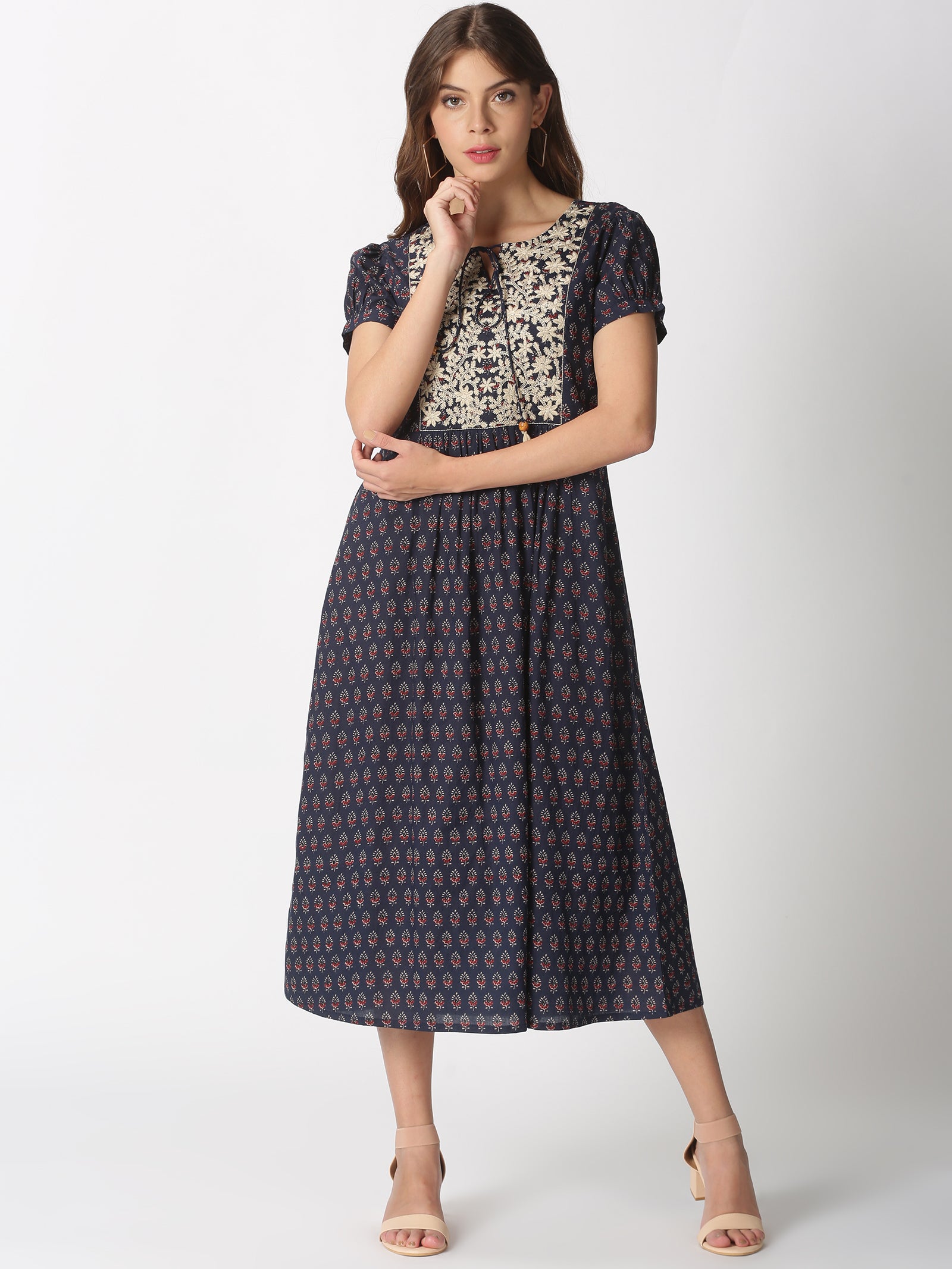 Navy Ethnic Motifs Printed Dress with Floral Embroidered Yoke