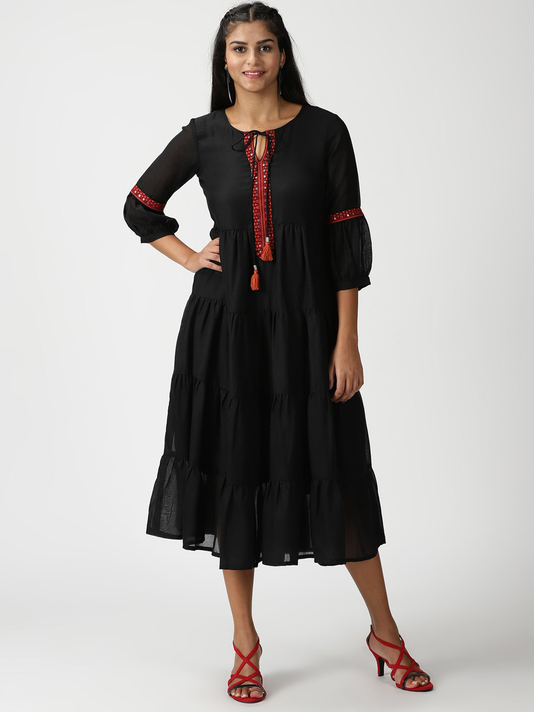 Black Boho Tiered Midi Dress with Embroidered Details