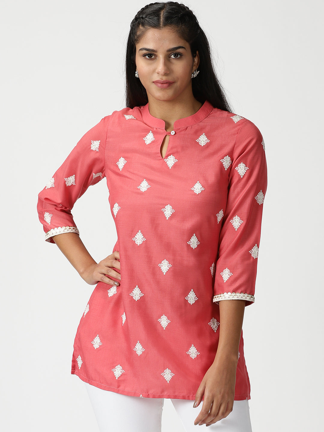Rose Pink Ethnic Motifs Embroidered Tunic