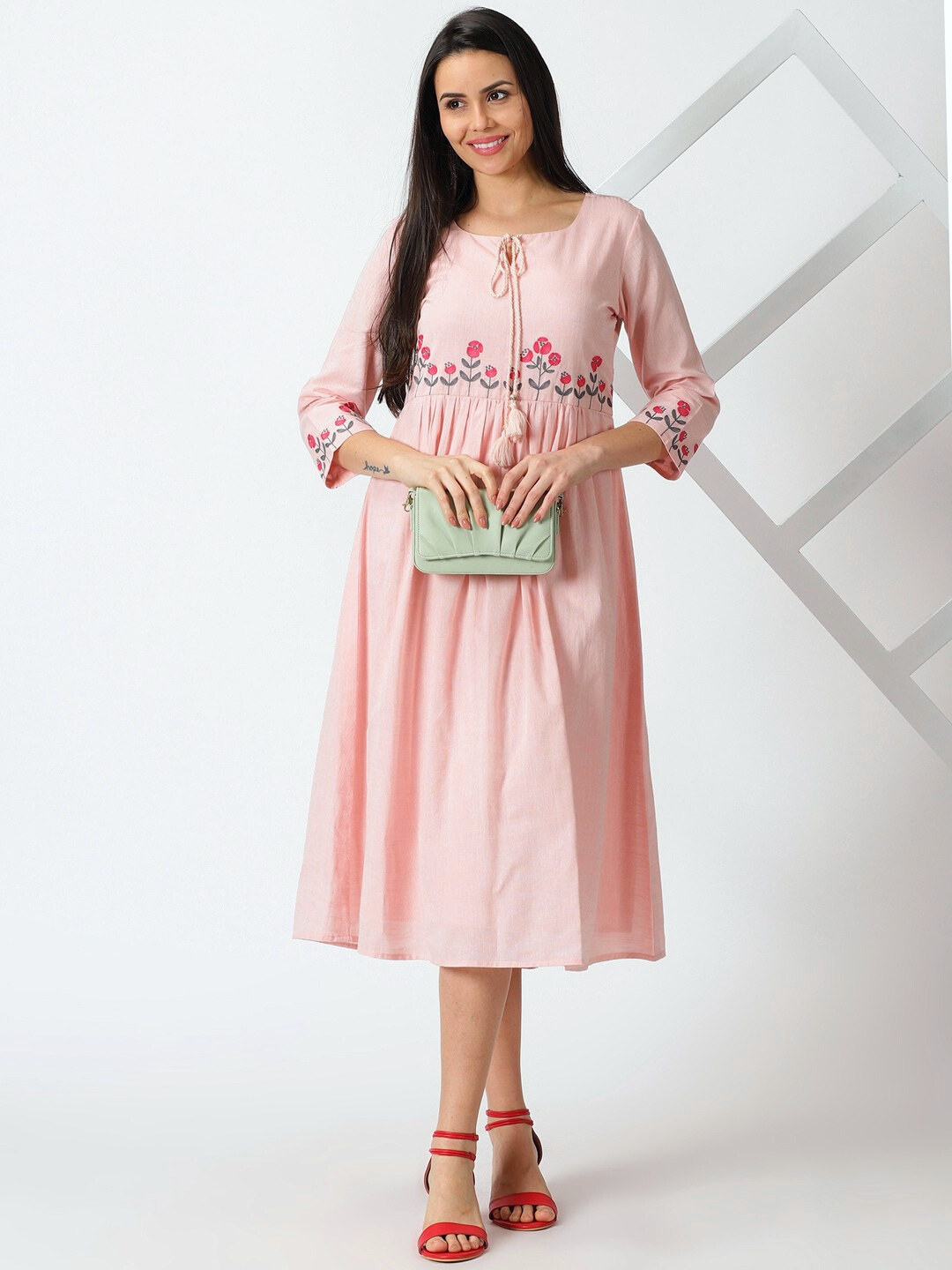Pastel Pink Empire Midi Dress with Embroidered Details