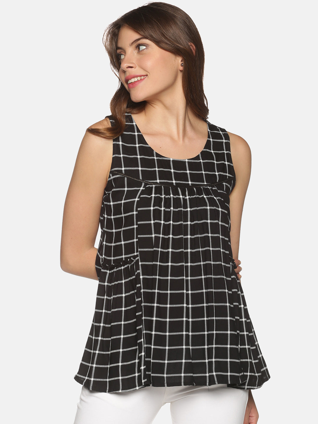 Black Checks Panelled Top with Gathers & Lace Insert on Front Yoke