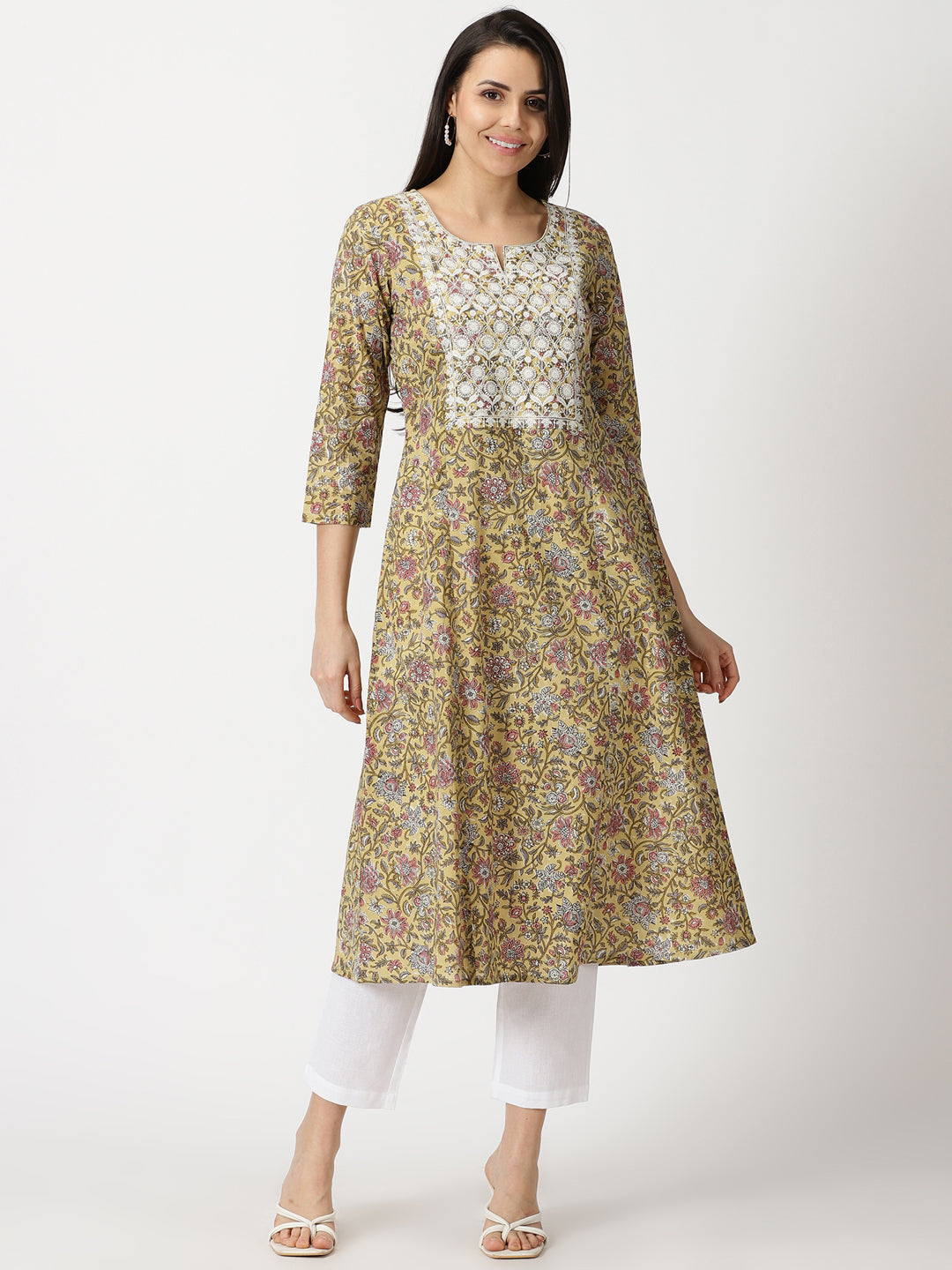 Yellow Floral Print A-line Kurta with Lucknowi Chikankari Embroidery