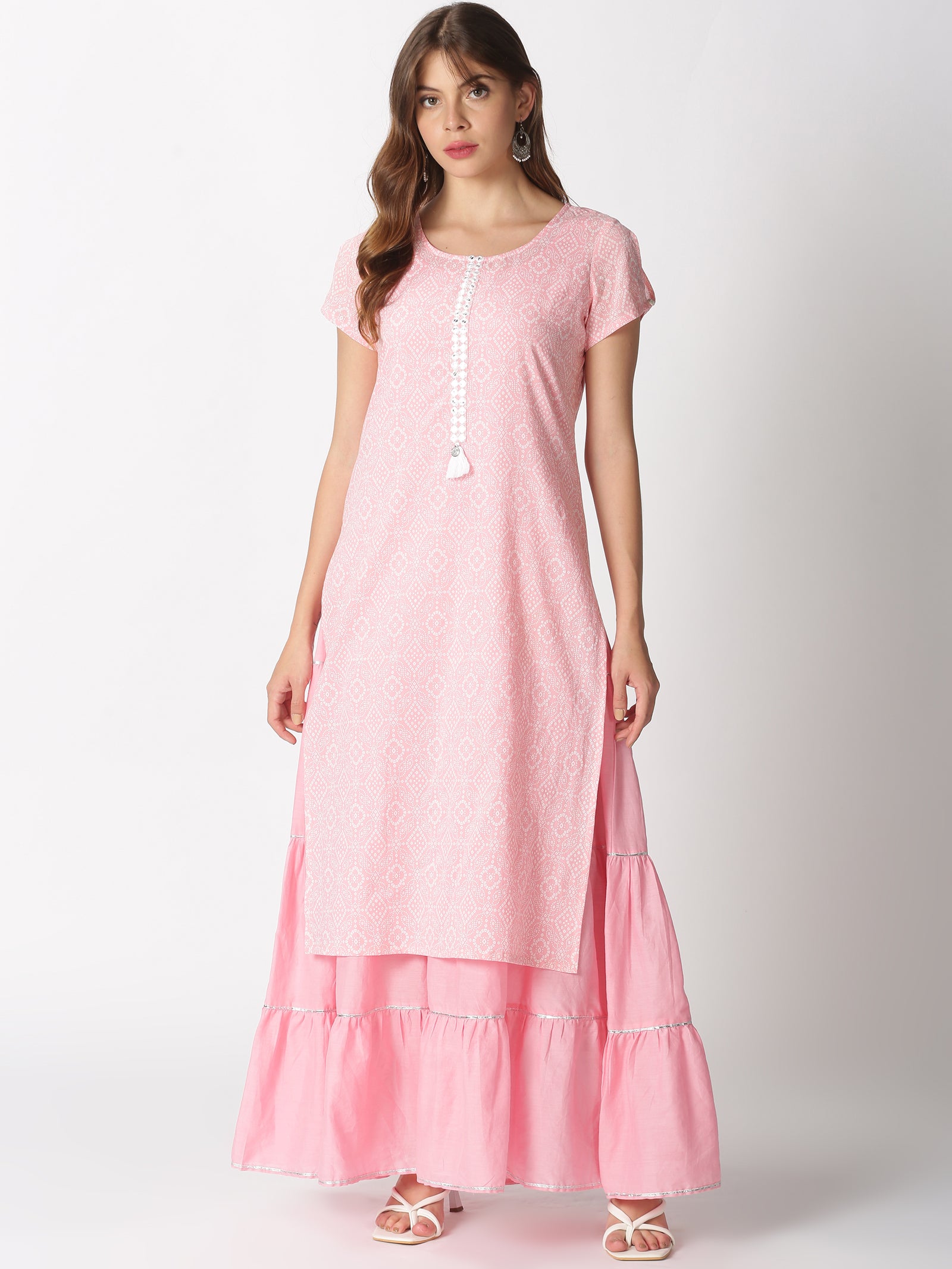 Pink Cotton Bandhani Printed Layered Maxi Kurta Dress