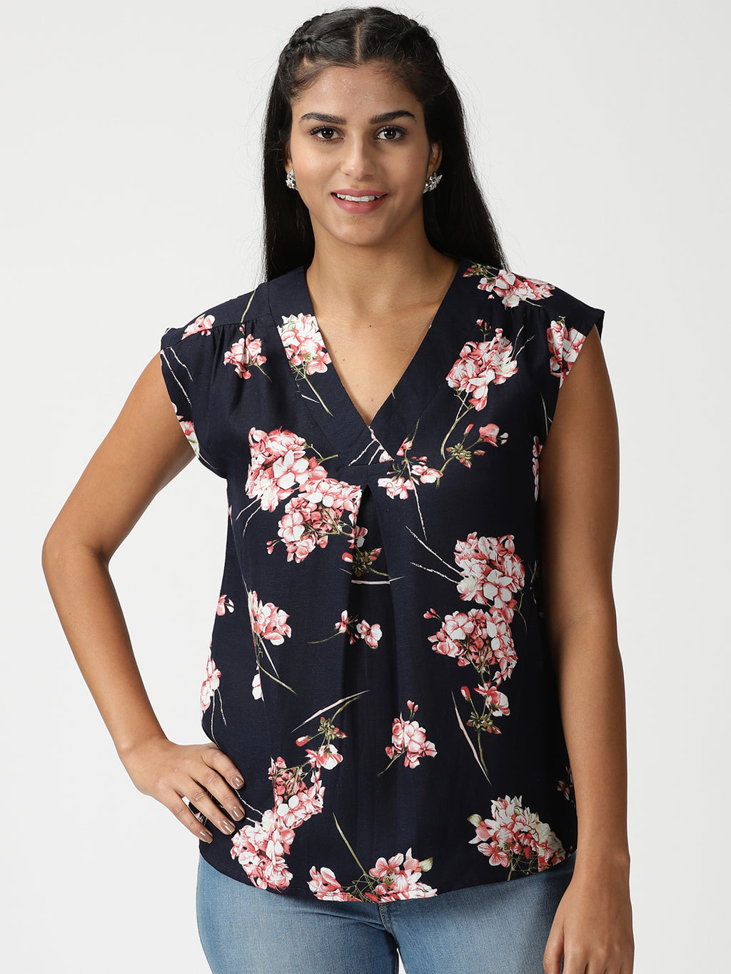 Navy Blue Floral Printed V Neck Drop Shoulder Top