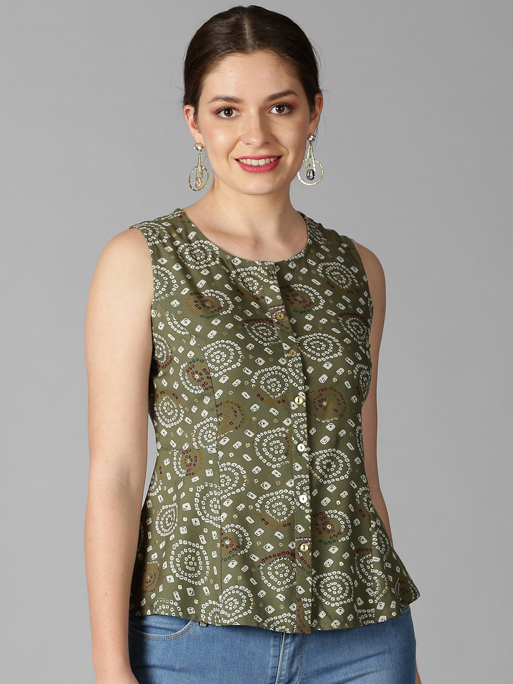 Green Rayon Bandhani Printed A-line Panelled Top