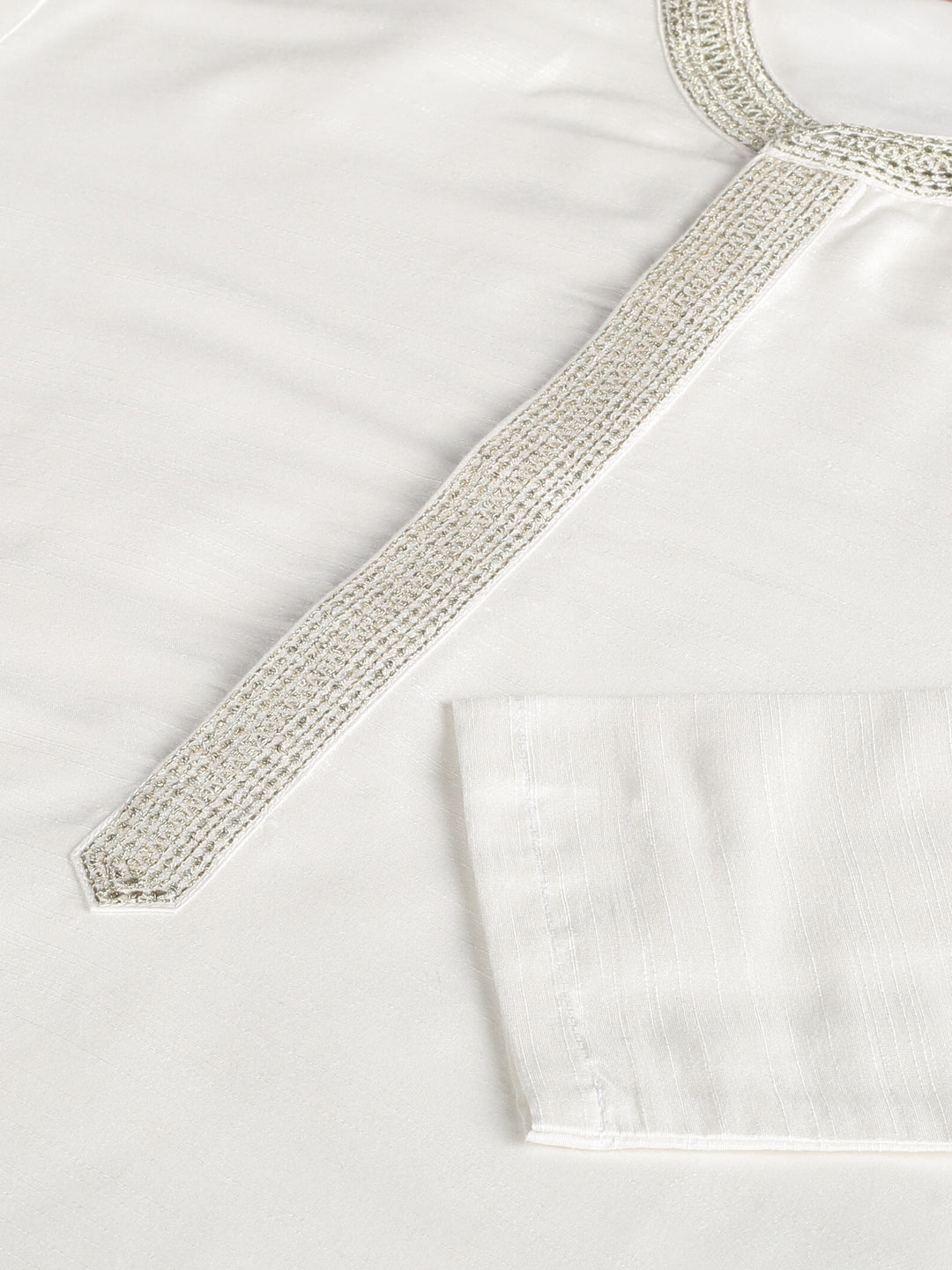 White Art Silk Slub Kurta with Collar & Placket Embroidery