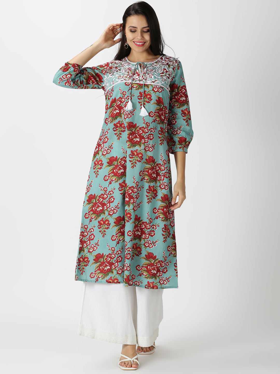 Turquoise Blue Floral Printed A-line Kurta with Chikankari Embroidered Yoke