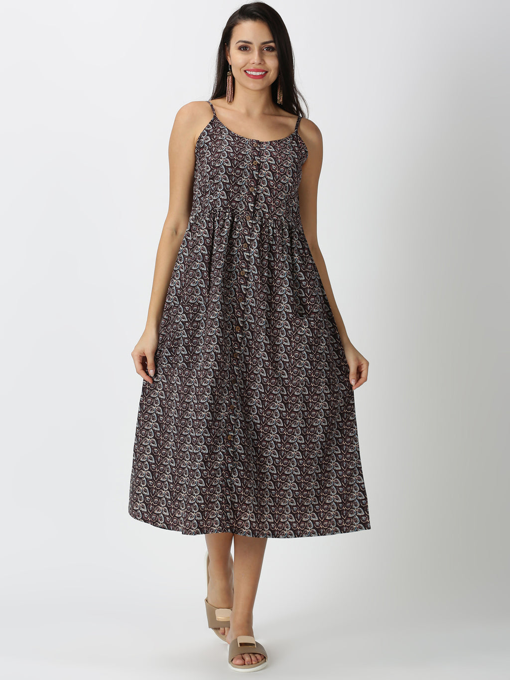 Black Kalamkari Printed A-line Strappy Dress with Front Pockets