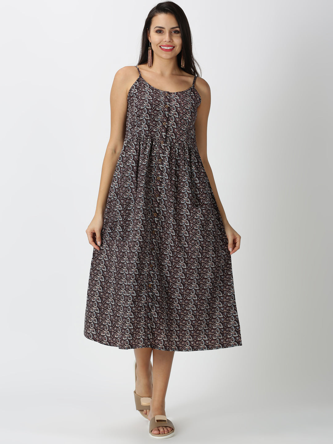 Black Kalamkari Printed A-line Strappy Dress with Front Pockets