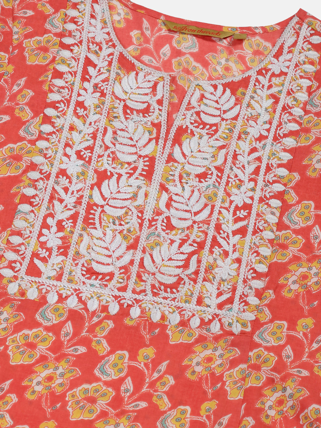 Coral Floral Print A-line Kurta with Lucknowi Chikankari Embroidery