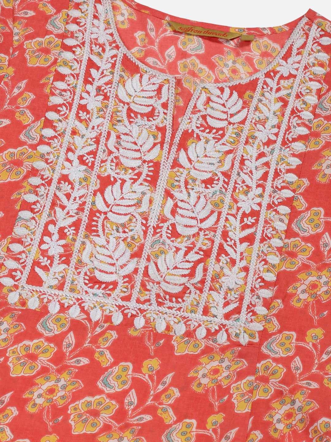 Coral Floral Print A-line Kurta with Lucknowi Chikankari Embroidery